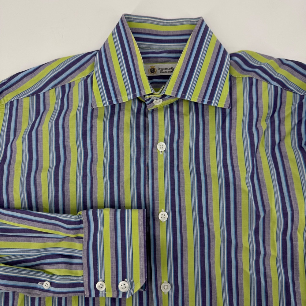 Domenico Vacca Mens Striped Dress Shirt Blue Green Purple Cucita a Mano Italy